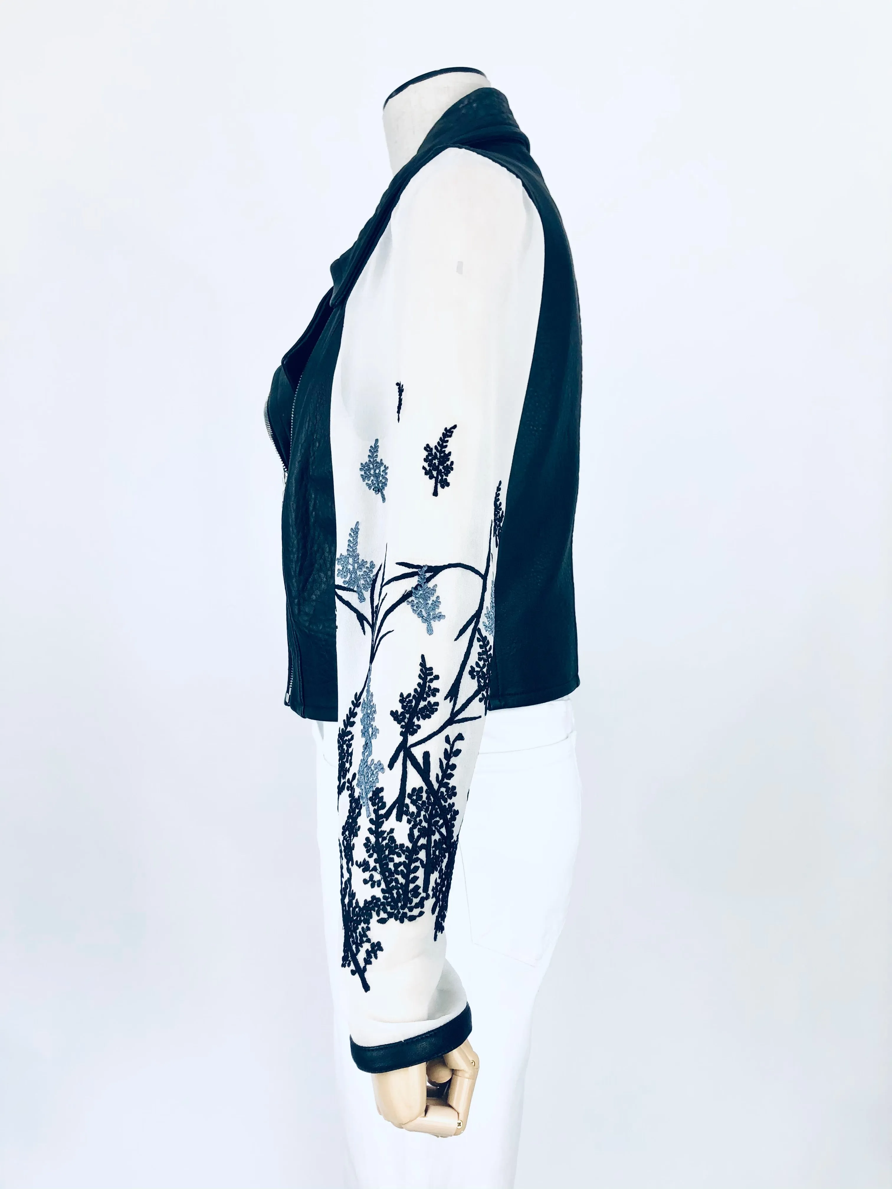 Lambskin Moto Jacket with Silk Floral Sleeves | Size 8