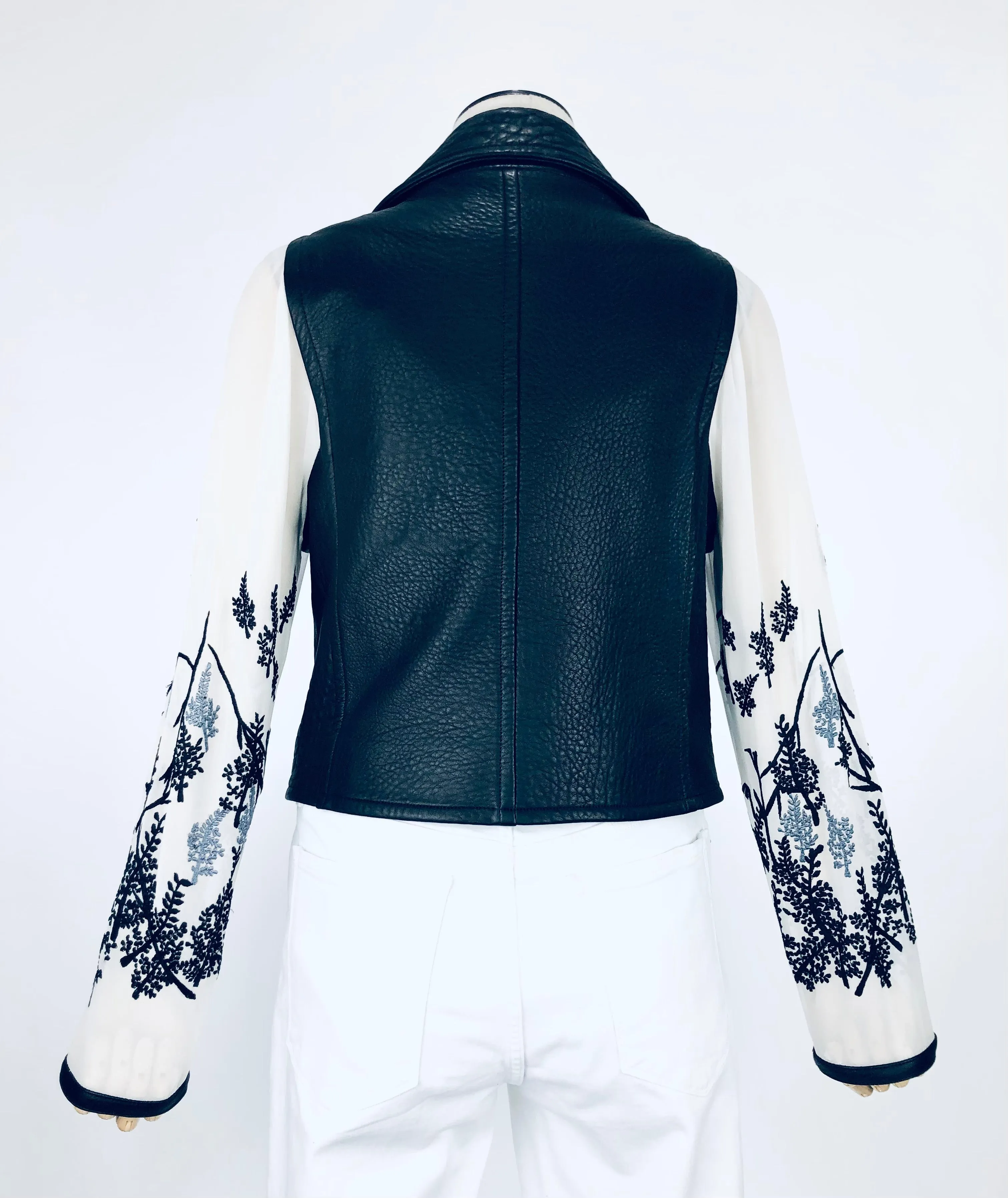 Lambskin Moto Jacket with Silk Floral Sleeves | Size 8