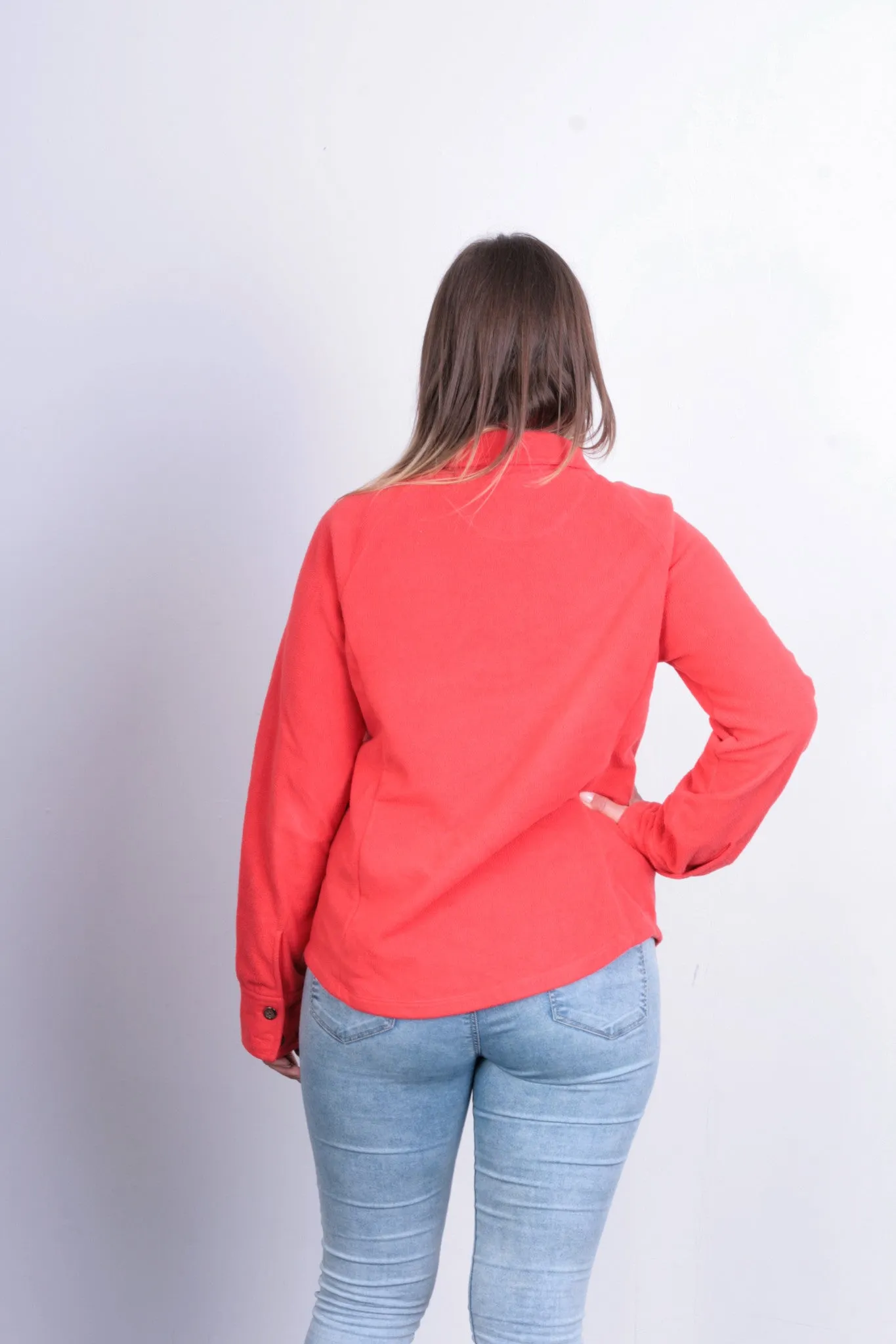 Lands'End Womens M Fleece Jacket Orange Buttons Down