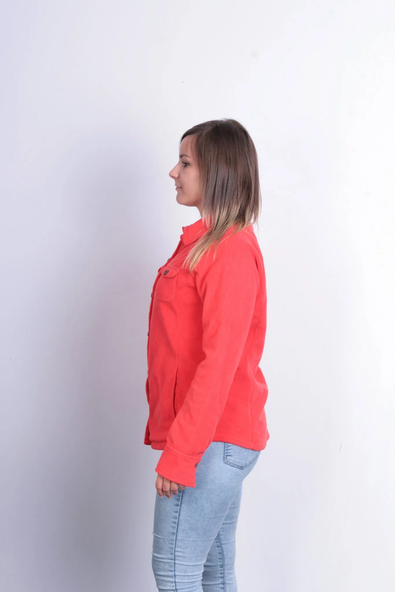 Lands'End Womens M Fleece Jacket Orange Buttons Down