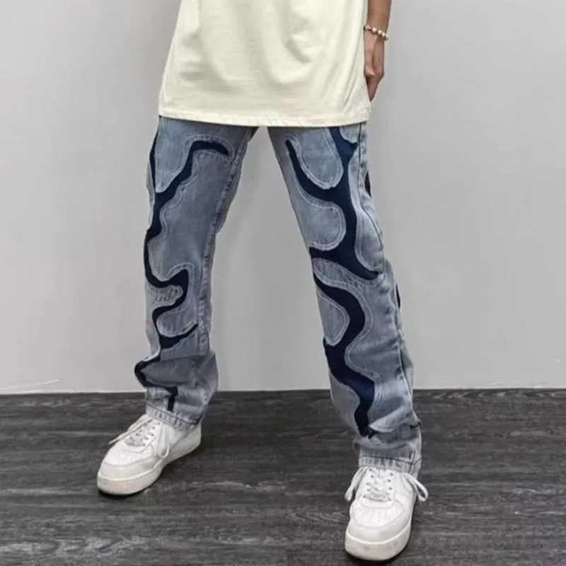 Light Denim Patchwork Abstract Jeans