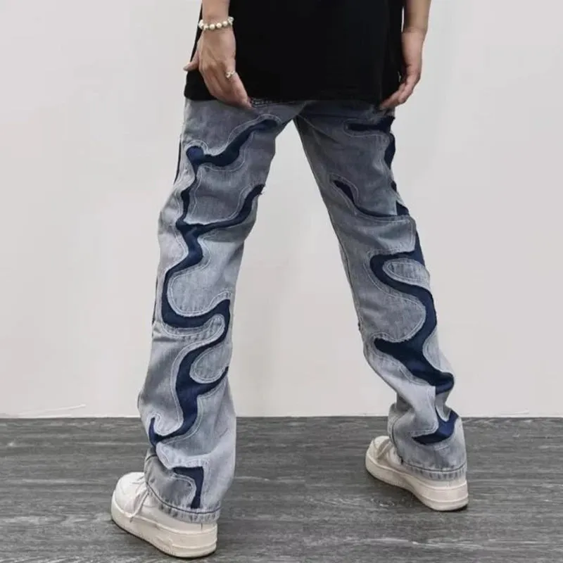 Light Denim Patchwork Abstract Jeans