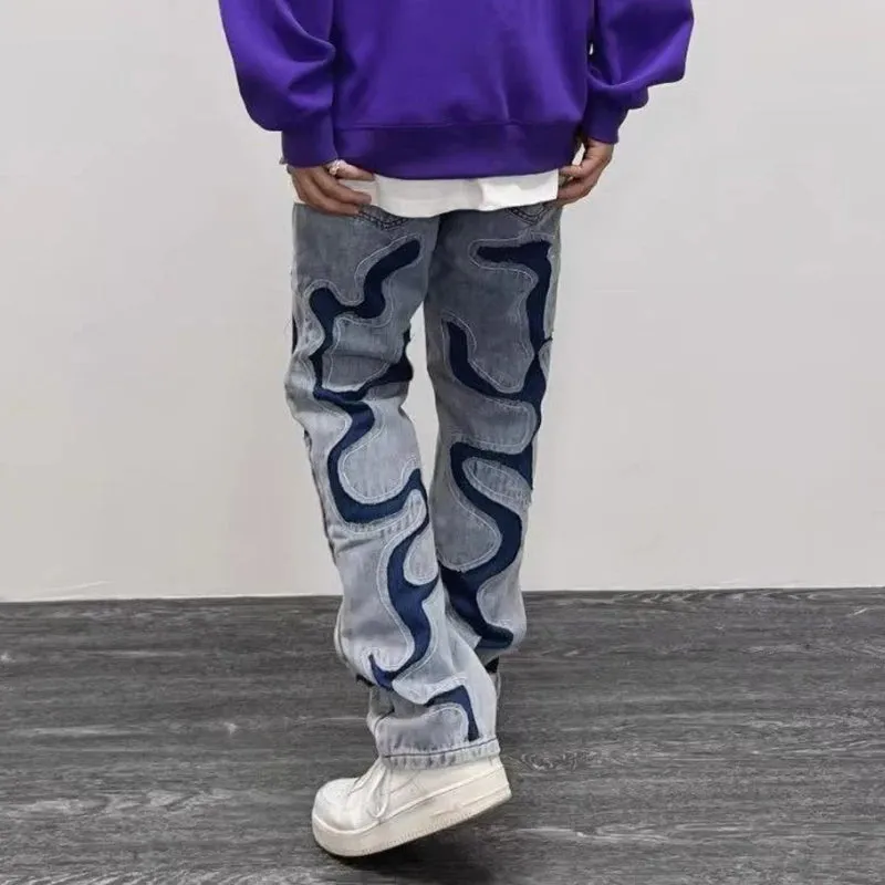 Light Denim Patchwork Abstract Jeans