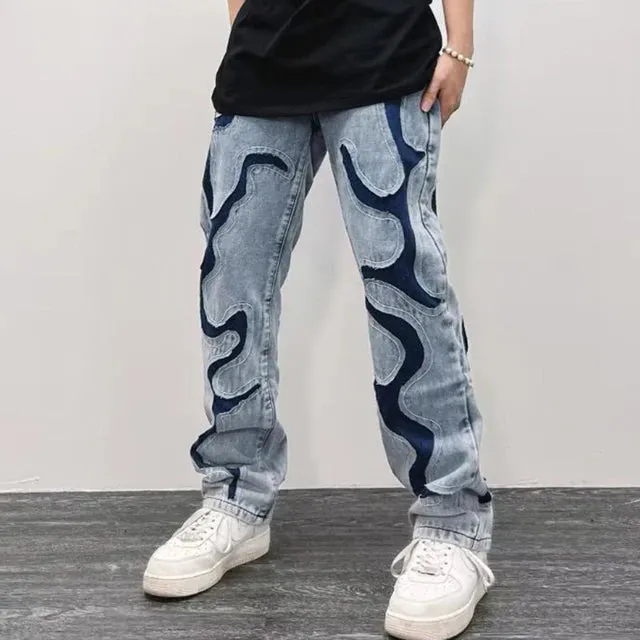 Light Denim Patchwork Abstract Jeans