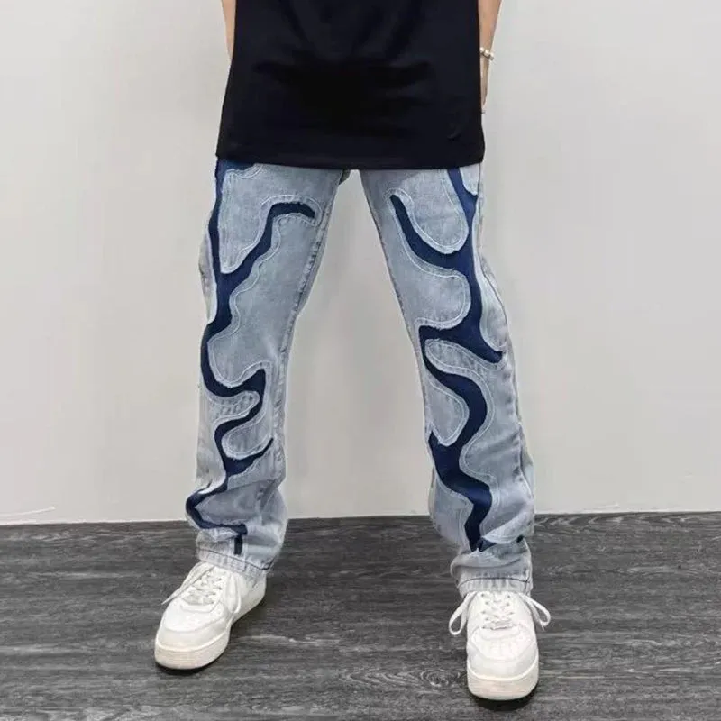 Light Denim Patchwork Abstract Jeans