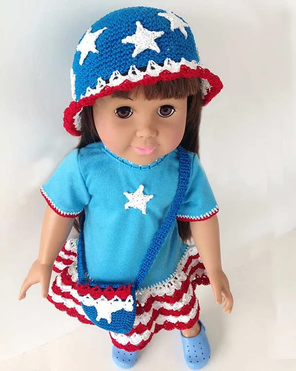 Little Miss Liberty 18" Doll T-Shirt Dress, Hat & Purse Crochet Pattern