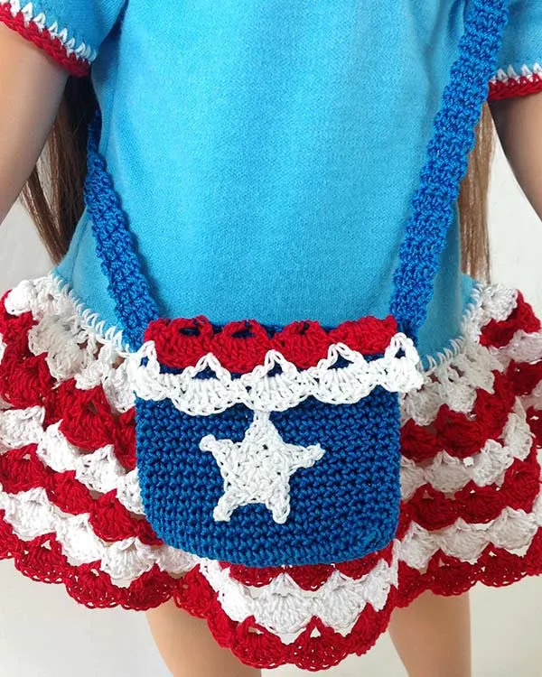 Little Miss Liberty 18" Doll T-Shirt Dress, Hat & Purse Crochet Pattern