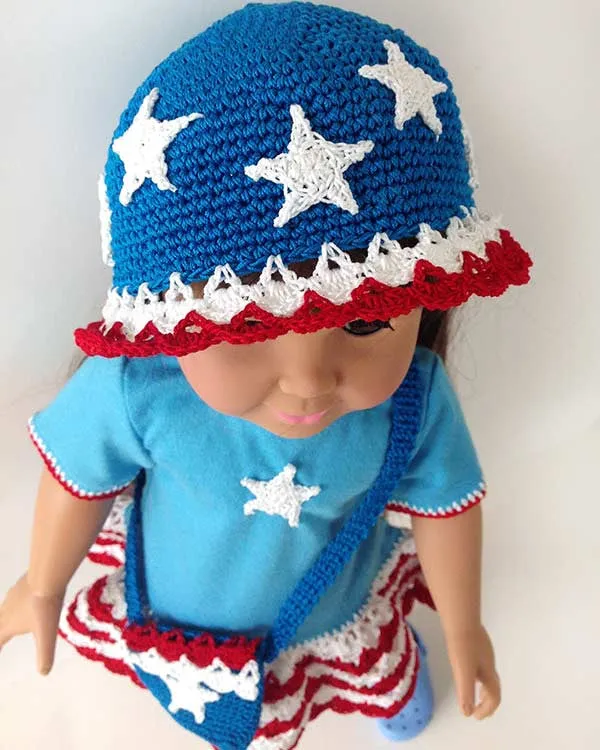 Little Miss Liberty 18" Doll T-Shirt Dress, Hat & Purse Crochet Pattern
