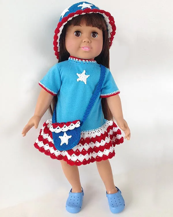 Little Miss Liberty 18" Doll T-Shirt Dress, Hat & Purse Crochet Pattern