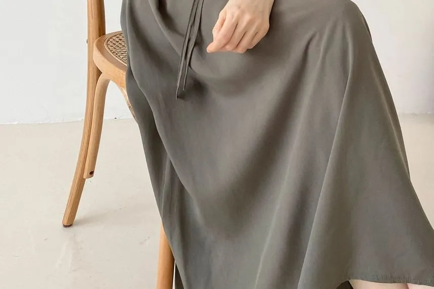 Long-Sleeve Collared Plain Drawstring Waist Maxi A-Line Shirt Dress
