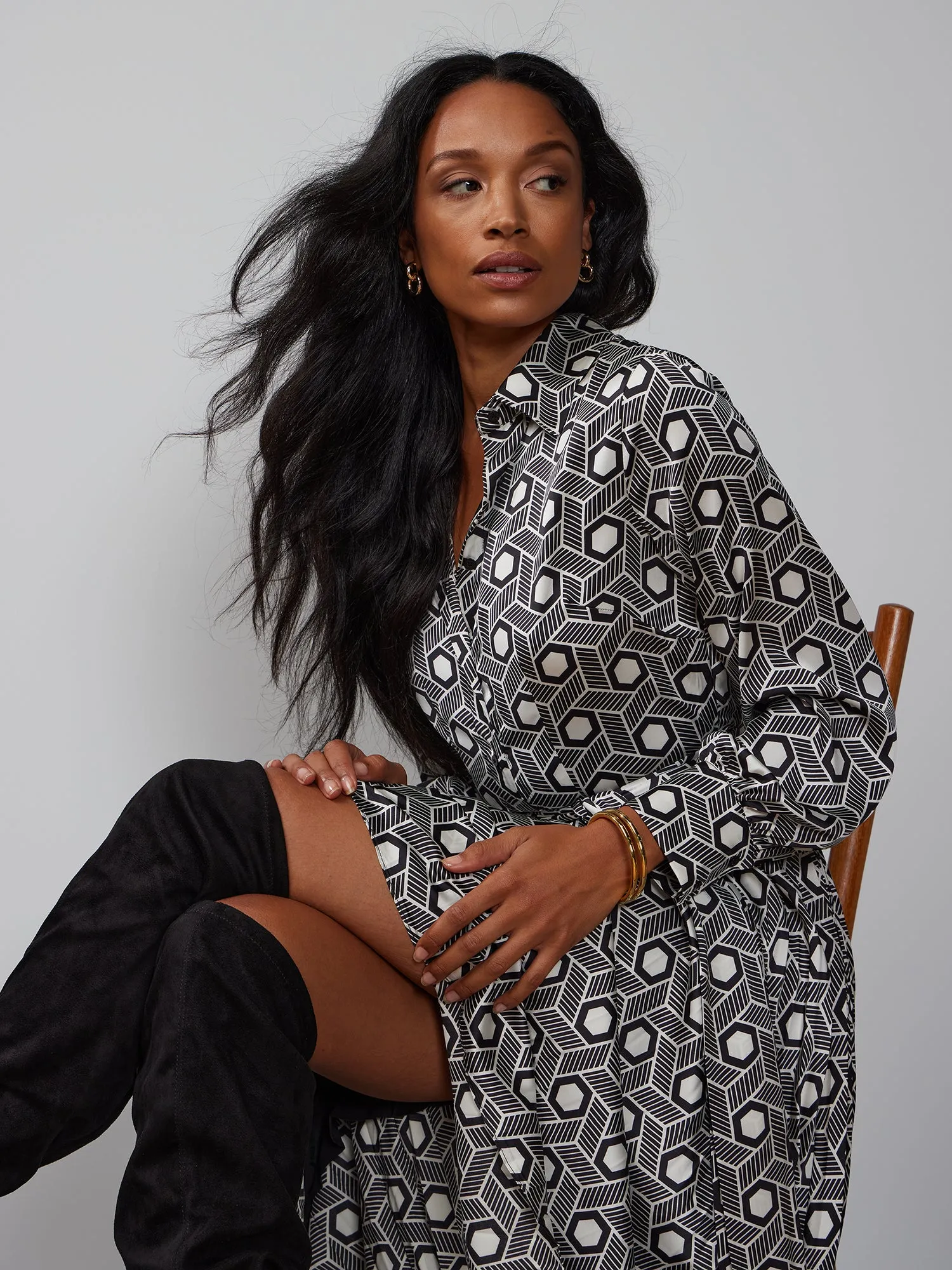 Long Sleeve Geometric Print Shirt Dress