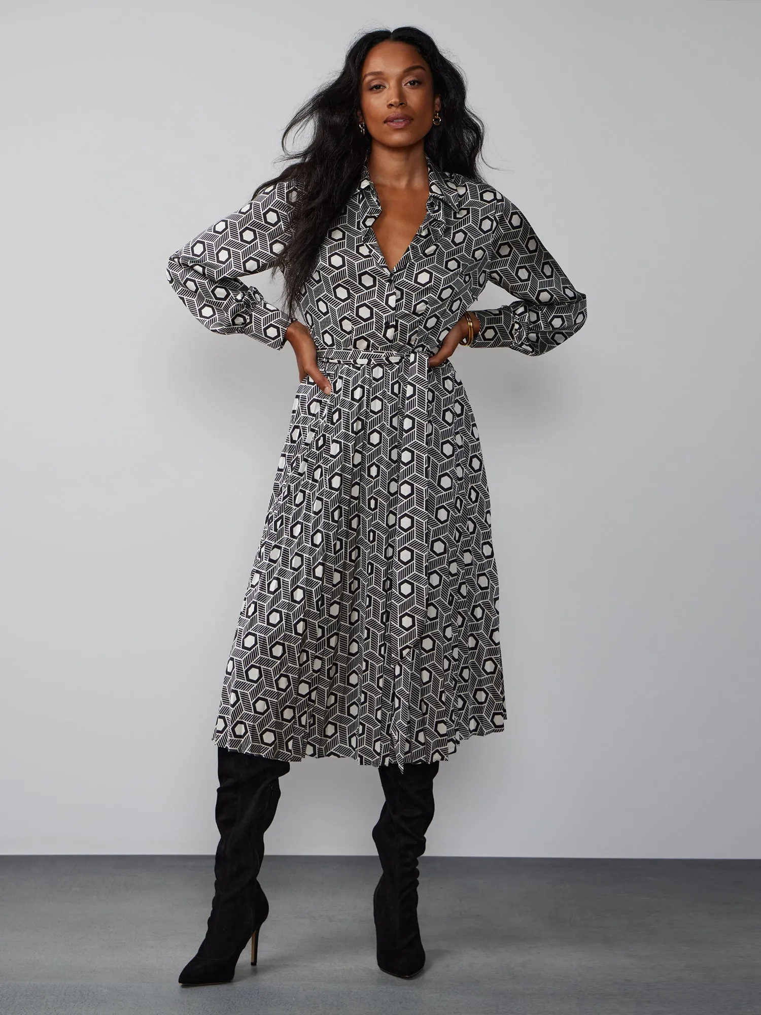 Long Sleeve Geometric Print Shirt Dress