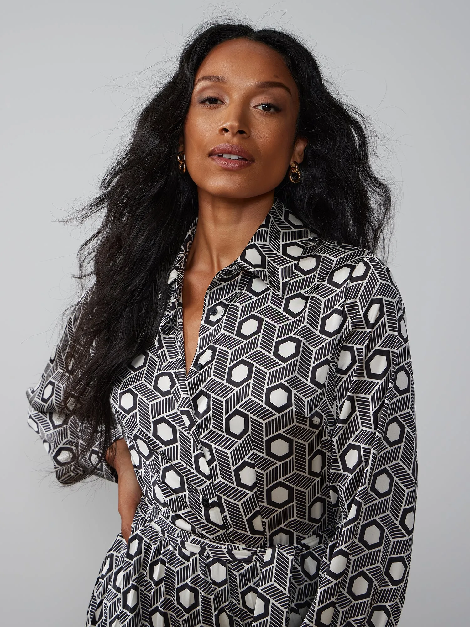 Long Sleeve Geometric Print Shirt Dress