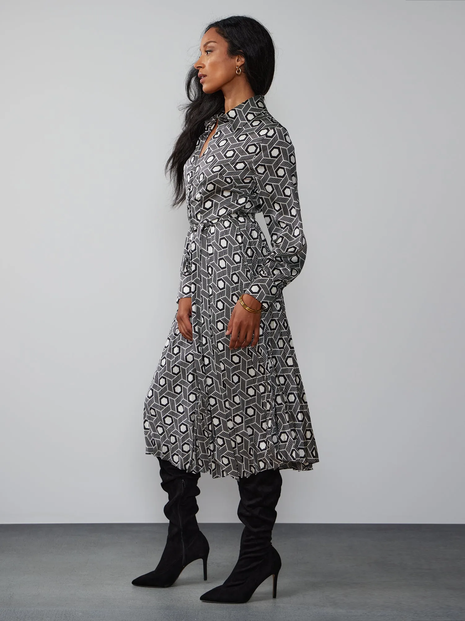 Long Sleeve Geometric Print Shirt Dress
