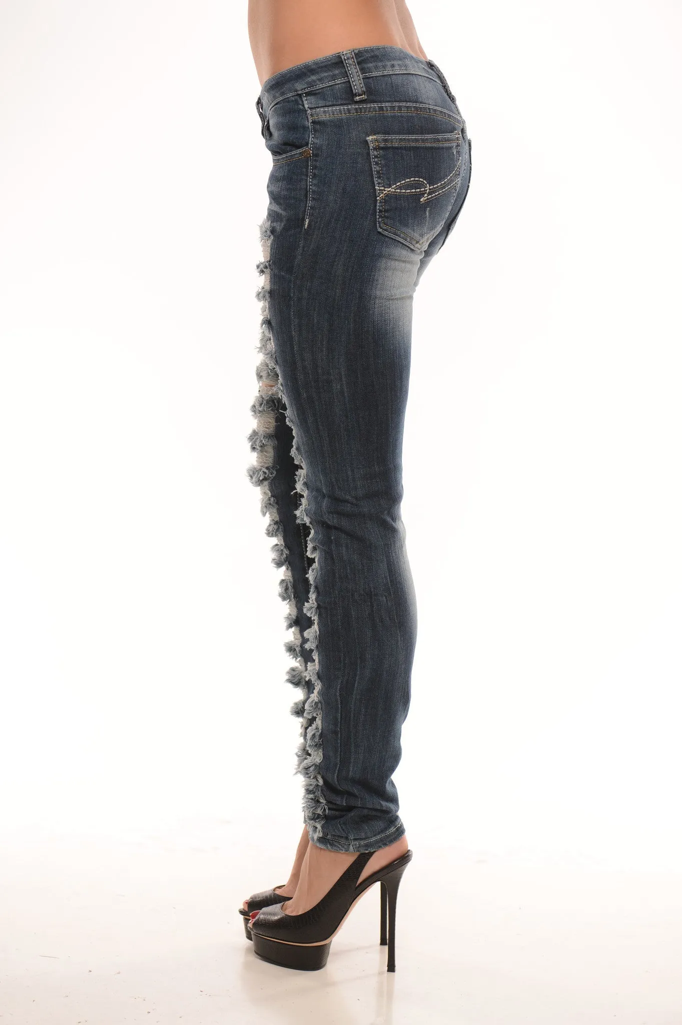 Low Rise Destroyed Skinny Jeans - Dark