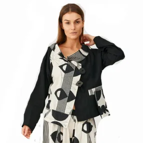Mara Gibbucci Jacket, Geometric Print, Ecru/Black M & M/L