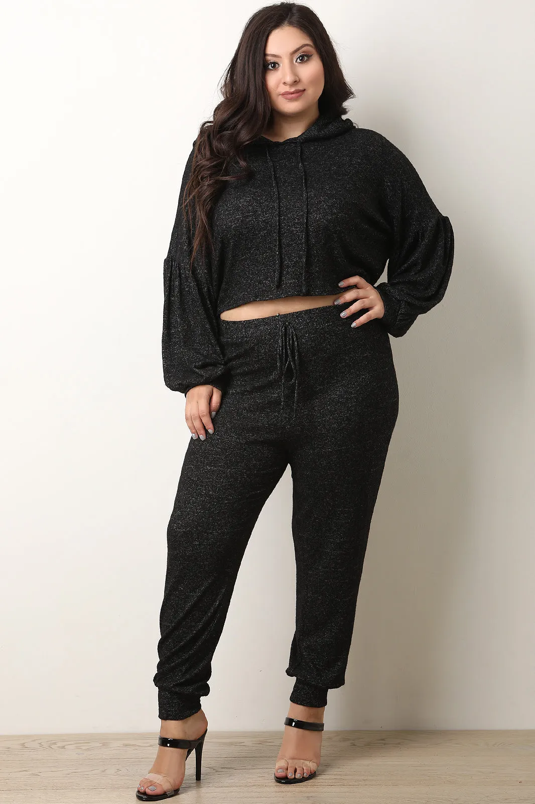 Marled Knit Hoodie Crop Sweater with Jogger Pants Set