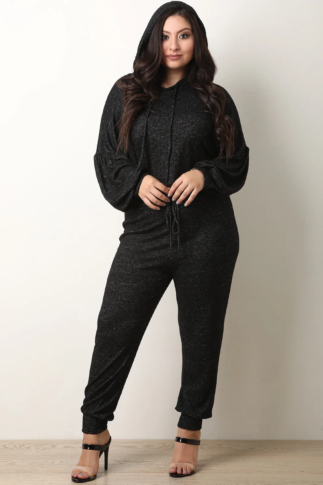 Marled Knit Hoodie Crop Sweater with Jogger Pants Set