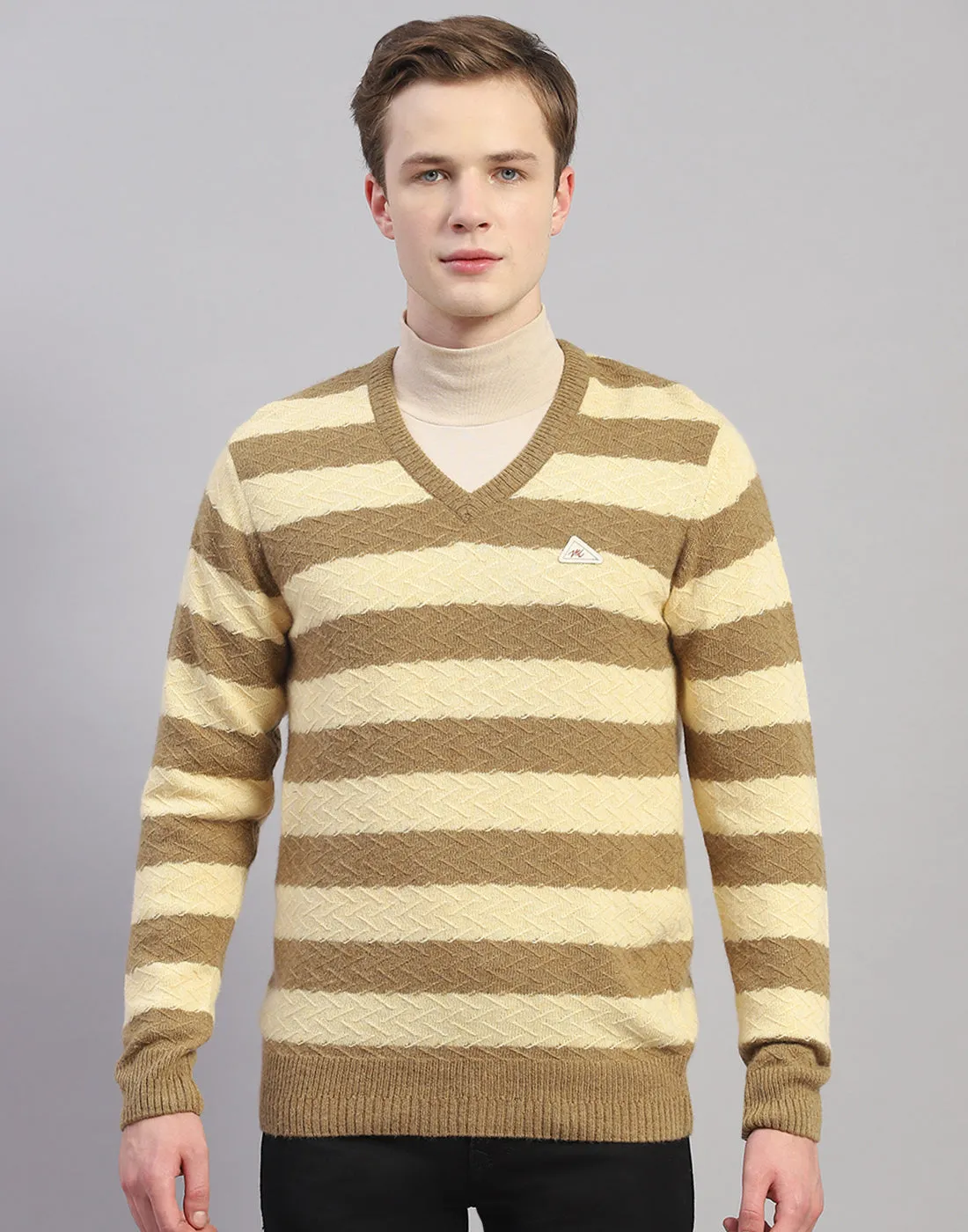 Men Beige Stripe V Neck Full Sleeve Pullover