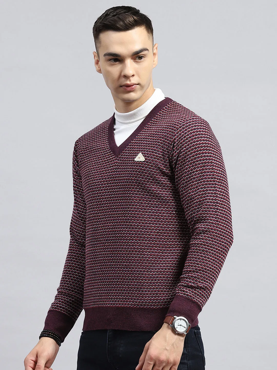 Men Burgundy Self Design V Neck Full Sleeve Pullover