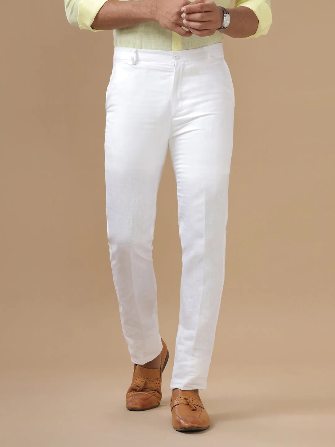 Men Linen Cotton Trim Fit White Pant