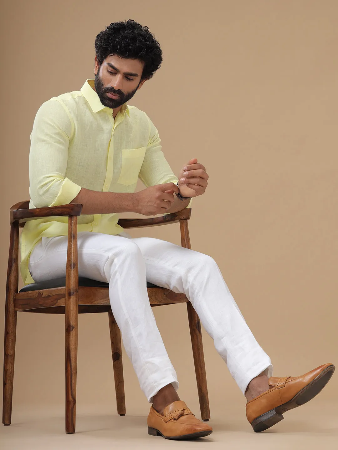 Men Linen Cotton Trim Fit White Pant