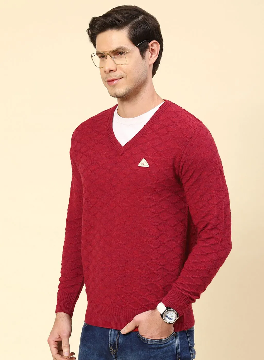 Men Red Self Design Wool blend Pullover