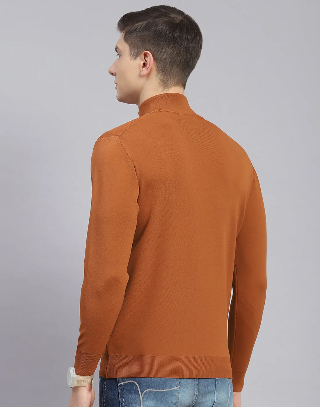 Men Rust Solid H Neck Full Sleeve Sweater