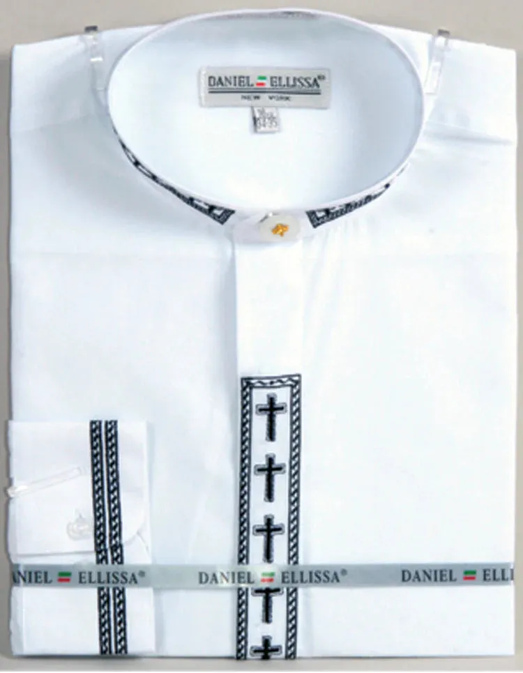 Men's Banded Collar Embroidered Shirt in White/Black