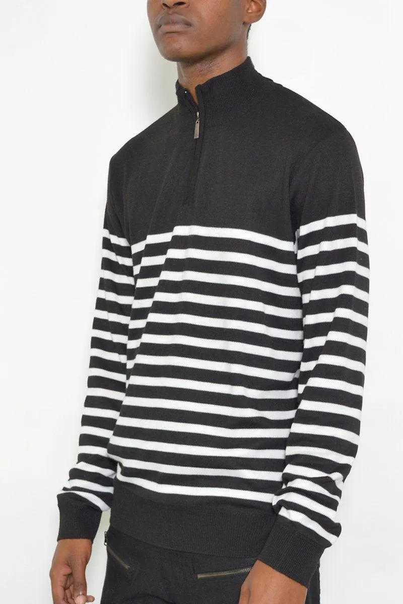 Mens Black Striped Half Zip Pullover Shirt