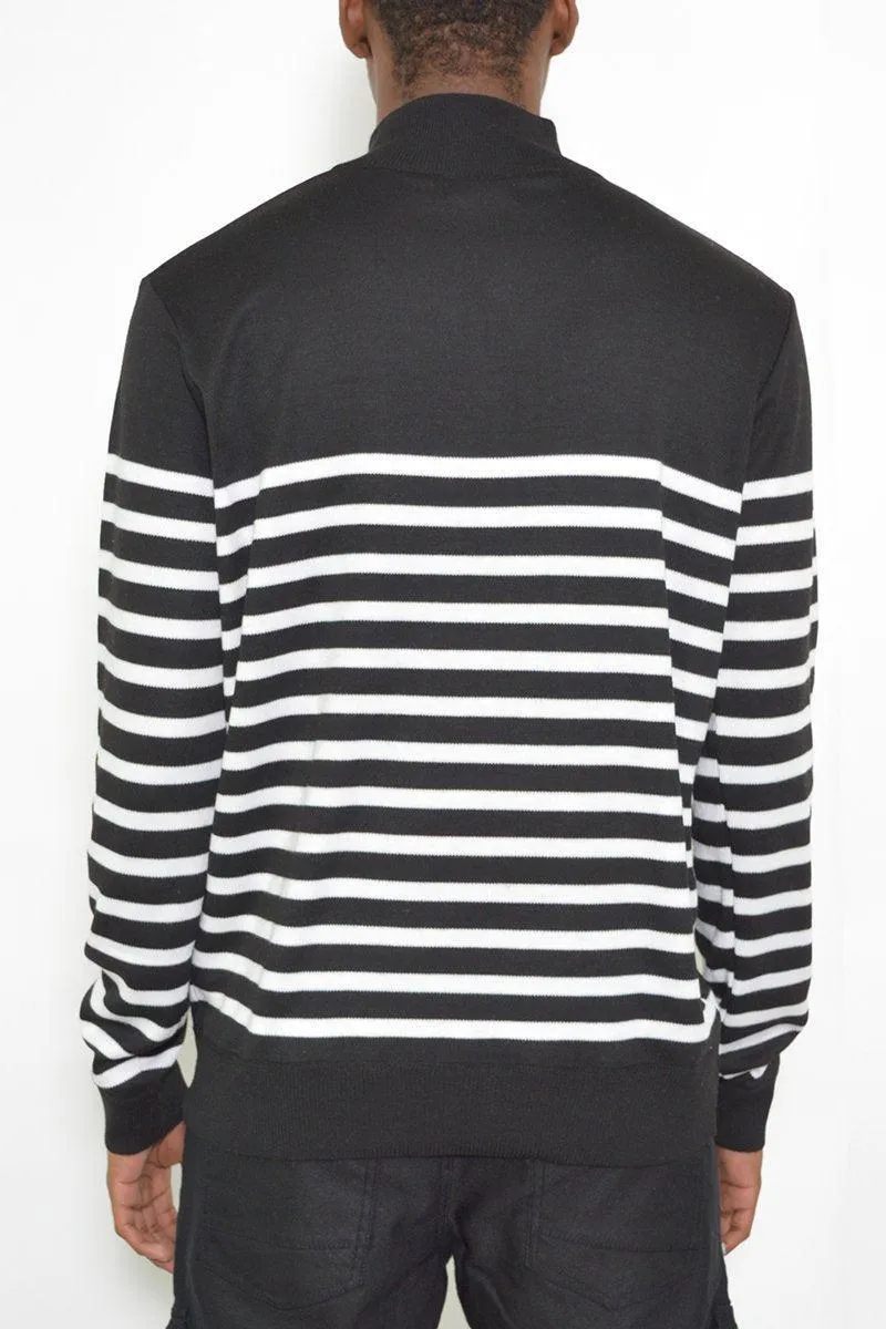 Mens Black Striped Half Zip Pullover Shirt