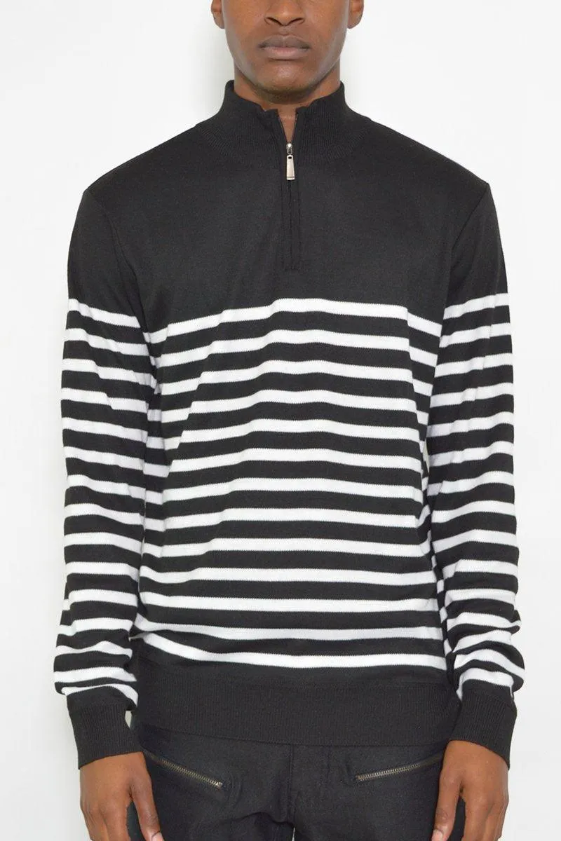 Mens Black Striped Half Zip Pullover Shirt