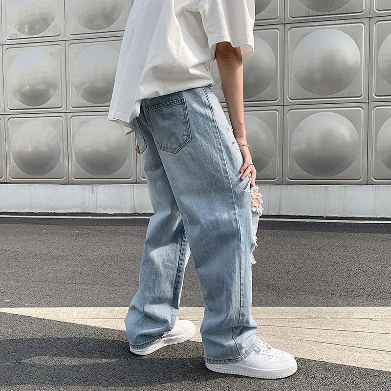 Men's Vintage High Street Ripped Jeans Male Ins Tide Brand Denim Wide leg Pants Summer Thin Straight Y2K Baggy Pants Gothic Men