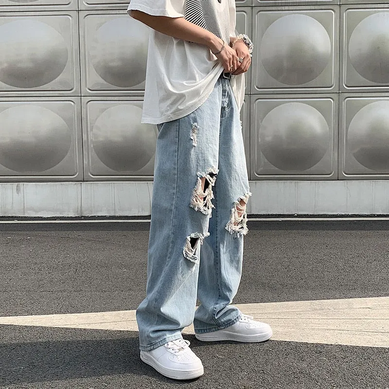 Men's Vintage High Street Ripped Jeans Male Ins Tide Brand Denim Wide leg Pants Summer Thin Straight Y2K Baggy Pants Gothic Men