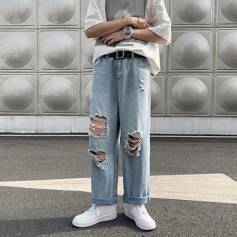 Men's Vintage High Street Ripped Jeans Male Ins Tide Brand Denim Wide leg Pants Summer Thin Straight Y2K Baggy Pants Gothic Men