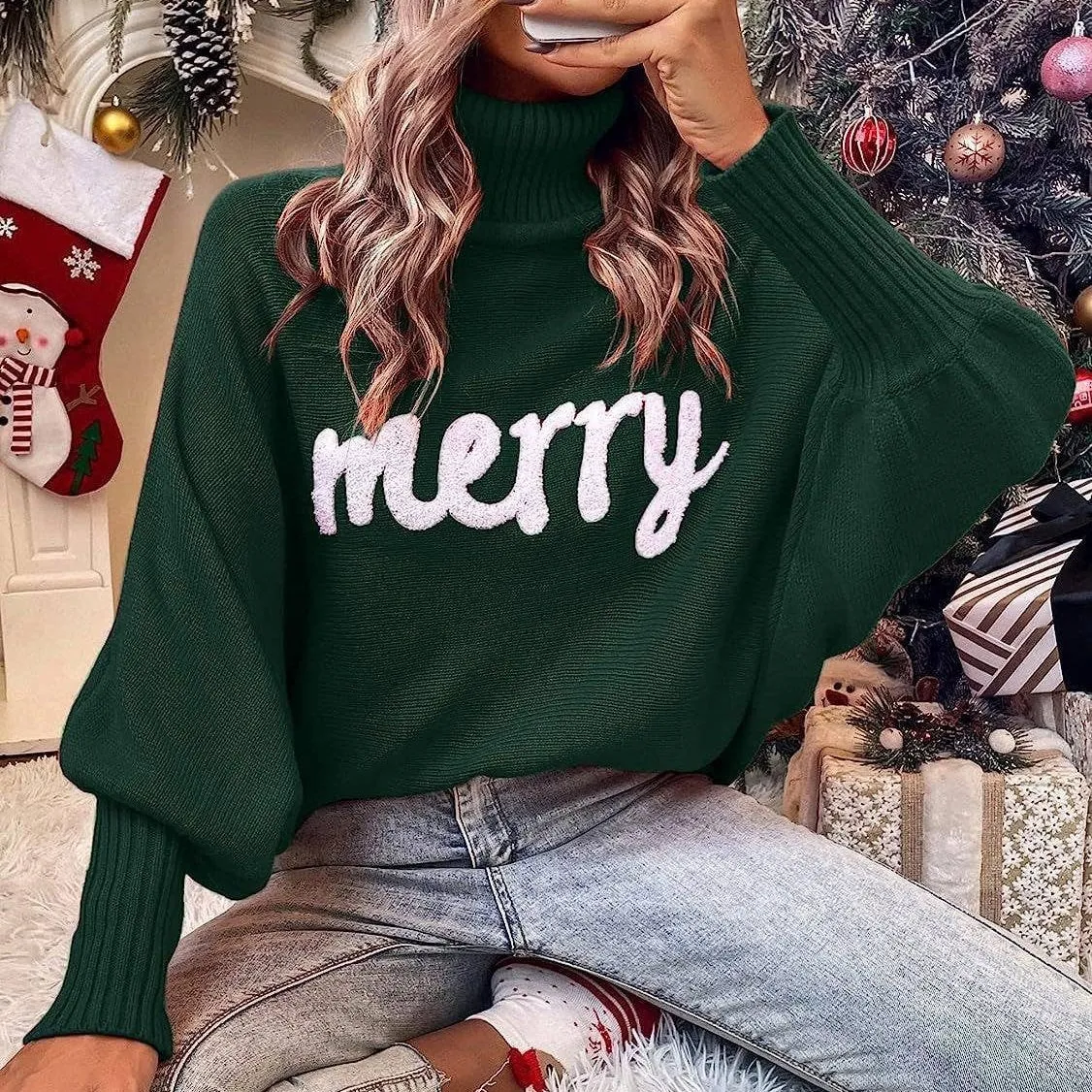 Merry! Embroidered High Neck Sweater