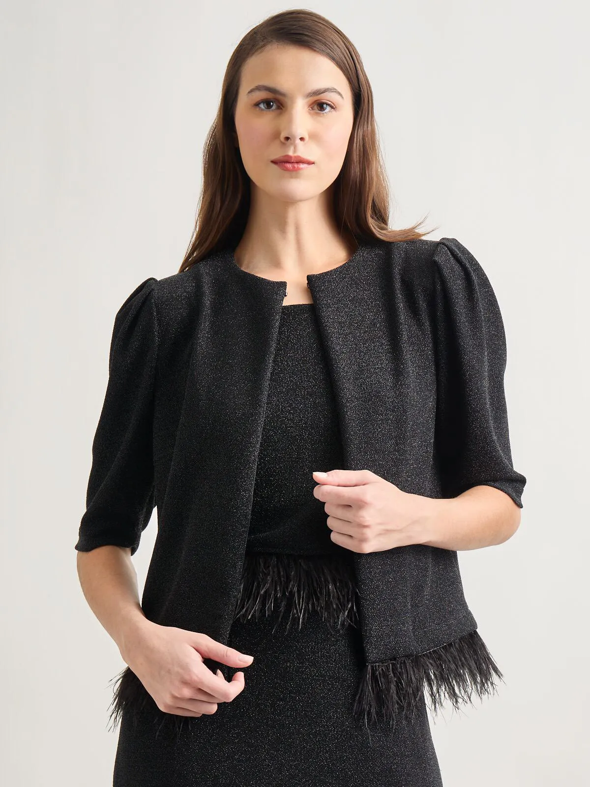 Modern Fit Ostrich Feather Trim Stretch Woven Jacket