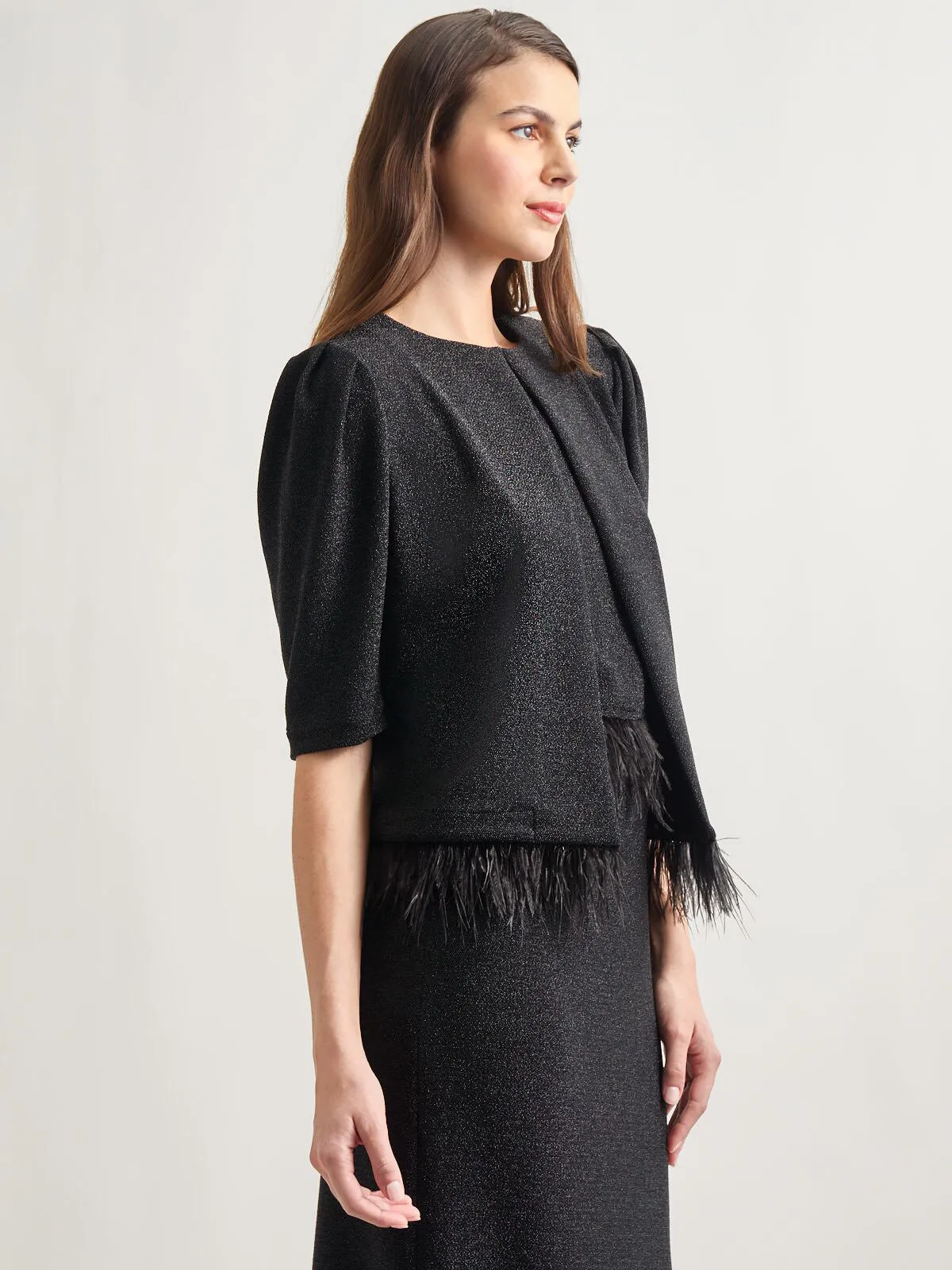 Modern Fit Ostrich Feather Trim Stretch Woven Jacket