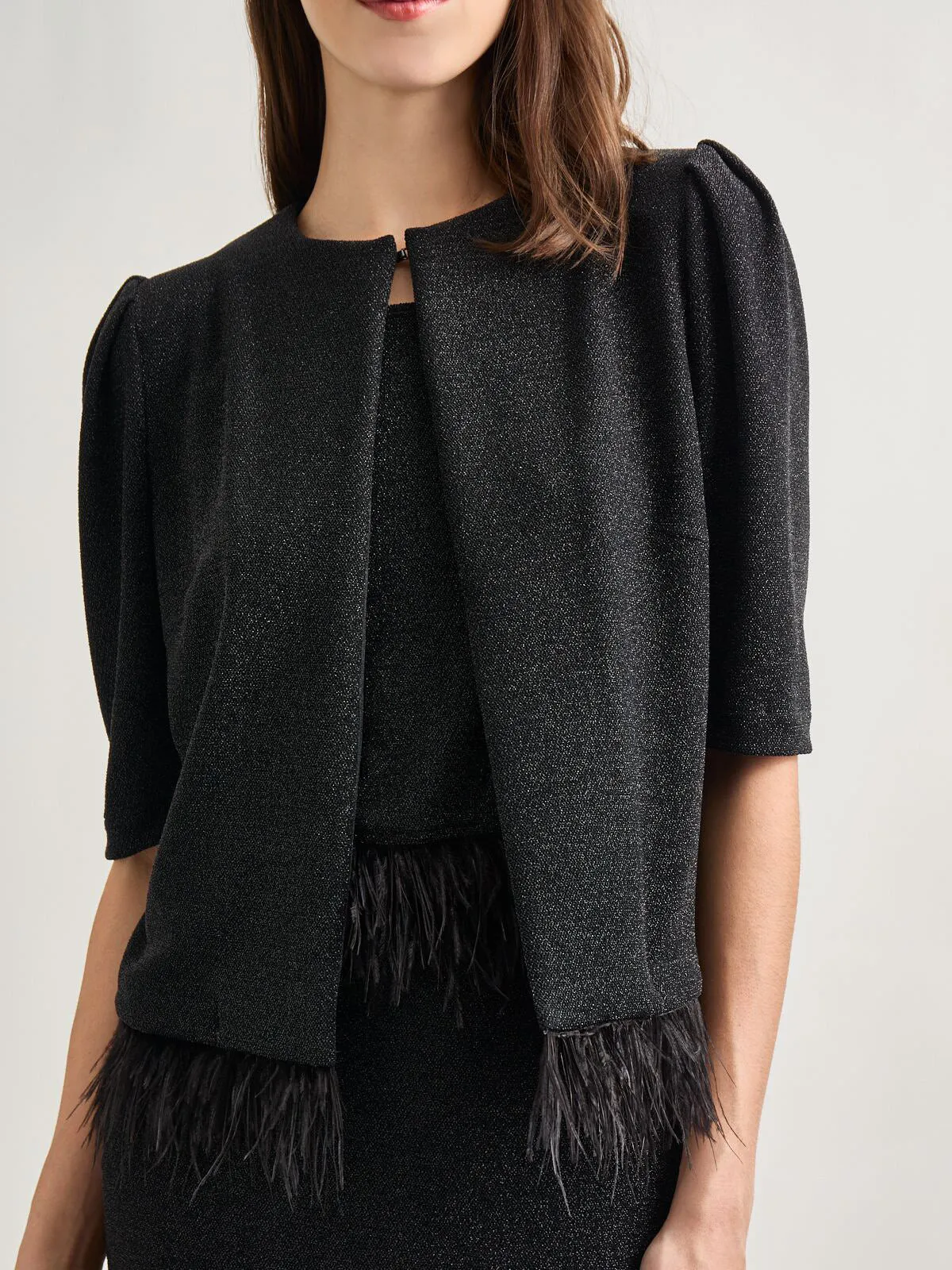 Modern Fit Ostrich Feather Trim Stretch Woven Jacket