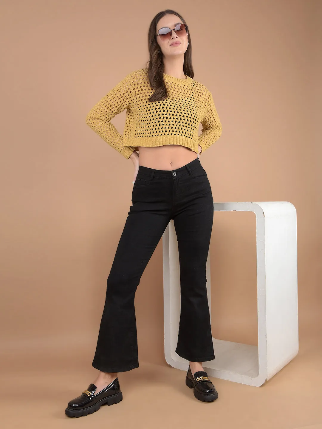 Mustard Crop Length Crochet Sweater
