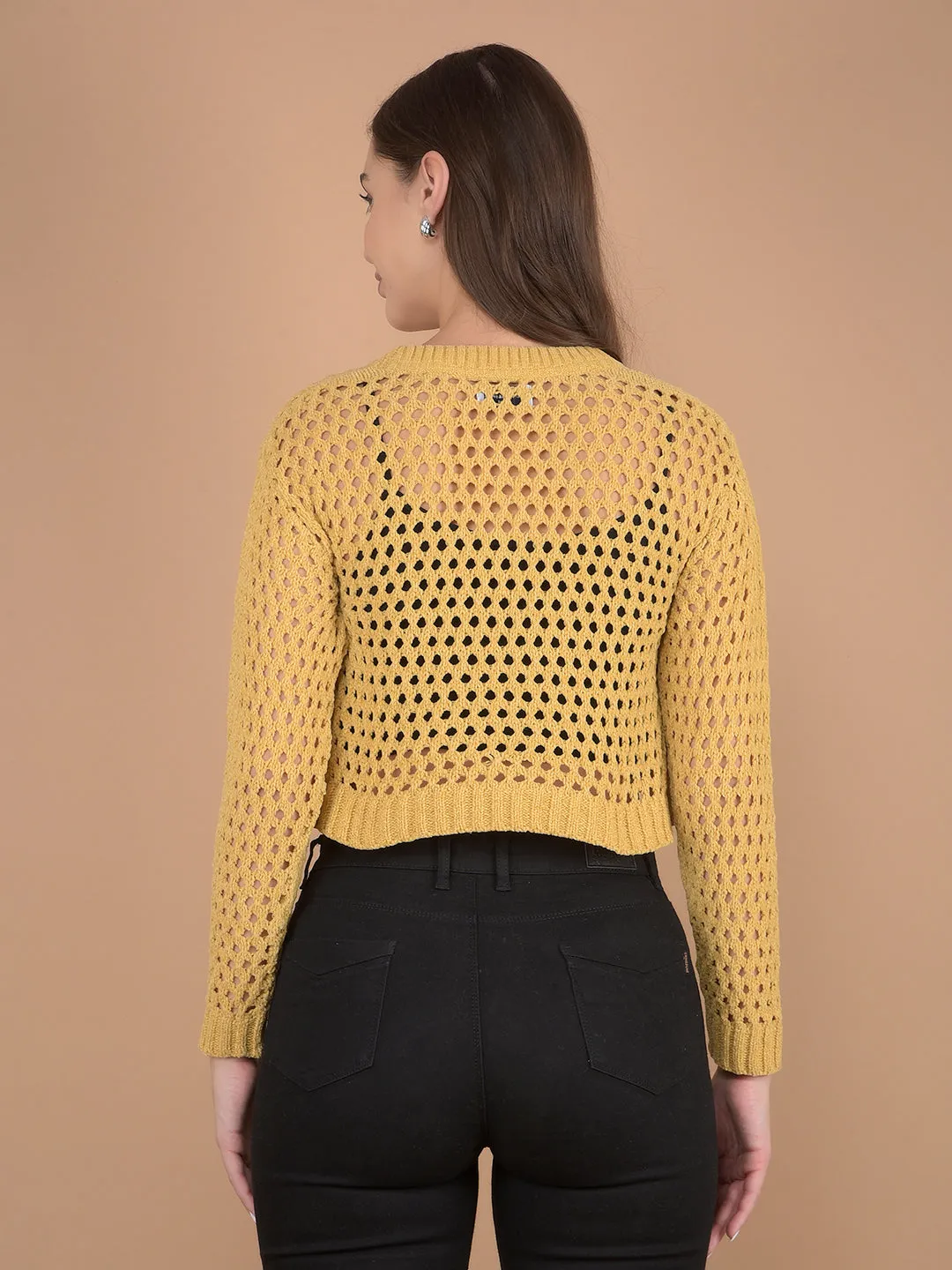 Mustard Crop Length Crochet Sweater