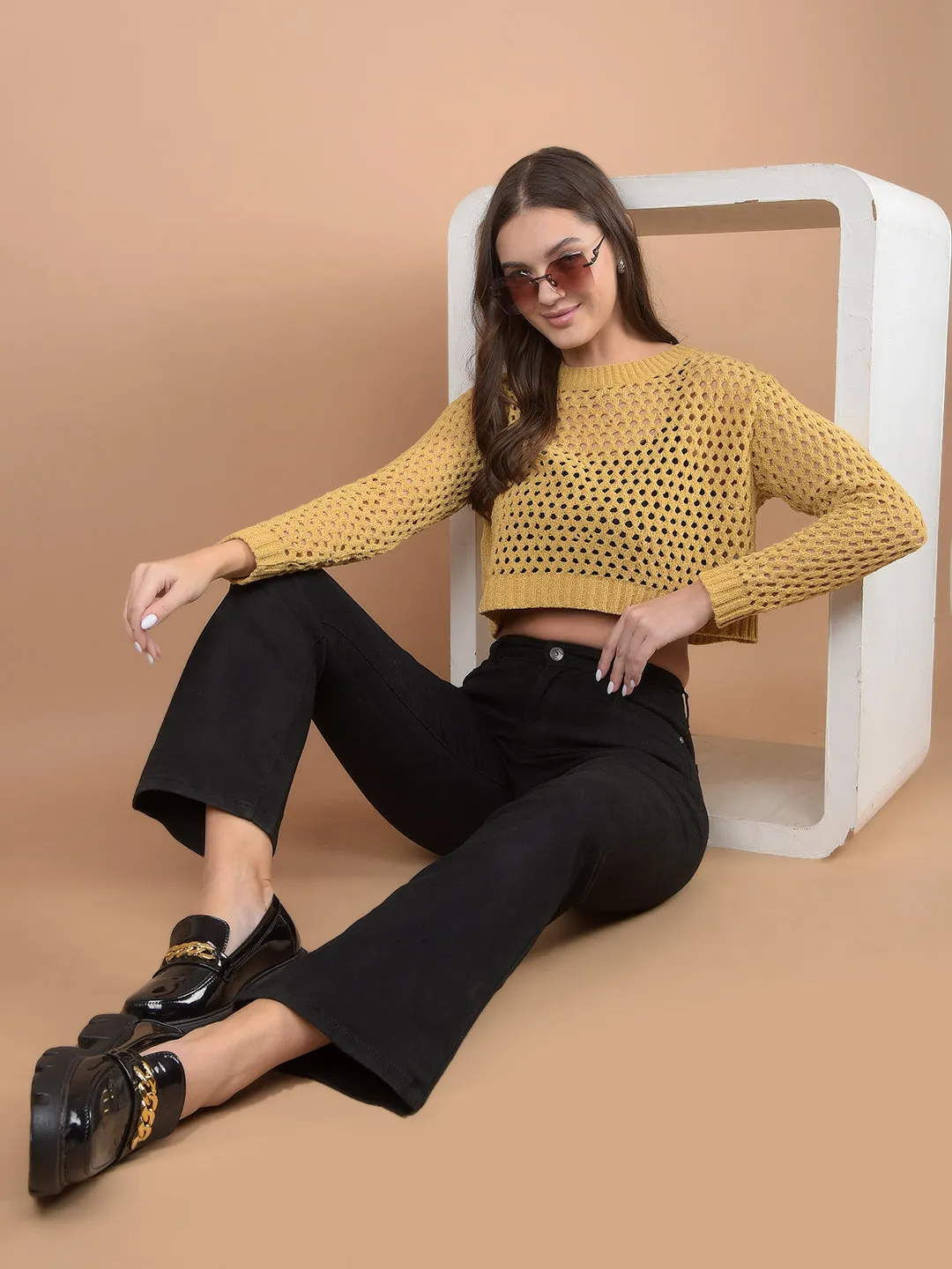 Mustard Crop Length Crochet Sweater