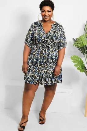 Navy Black Floral Print Shirt Dress