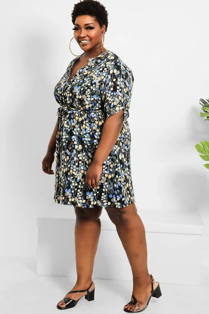 Navy Black Floral Print Shirt Dress