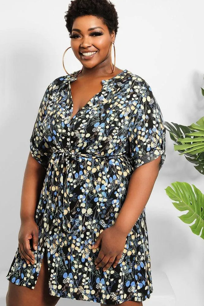 Navy Black Floral Print Shirt Dress