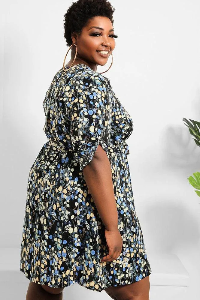 Navy Black Floral Print Shirt Dress