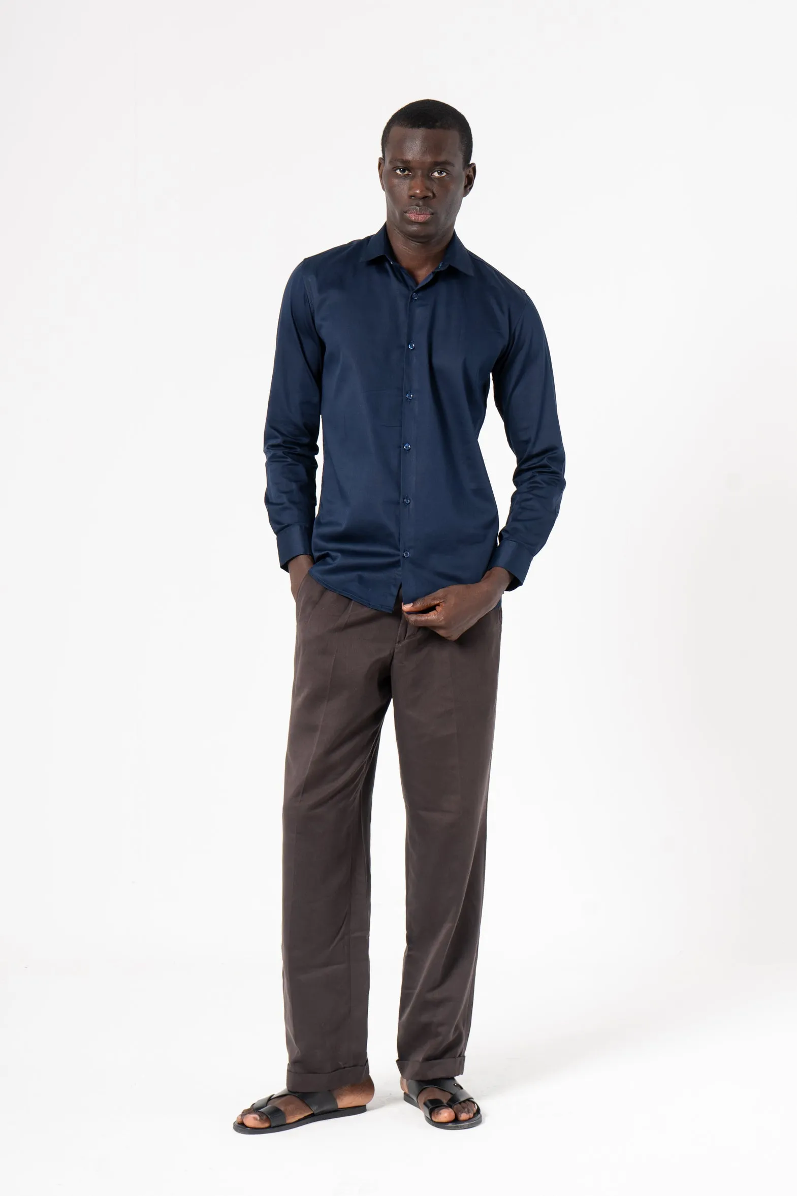 Navy Blue Solid Print Full Sleeve Shirt