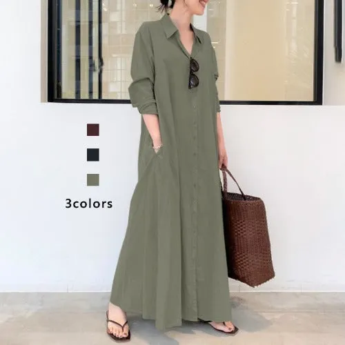 New solid color simple loose casual long shirt dress
