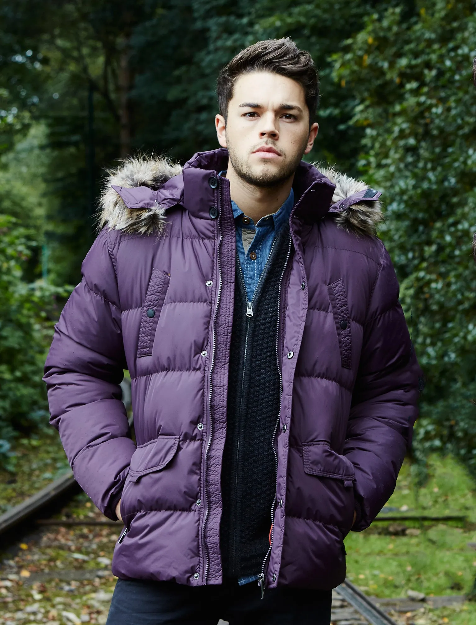 Padded detachable hooded coat in Aubergine - Dissident