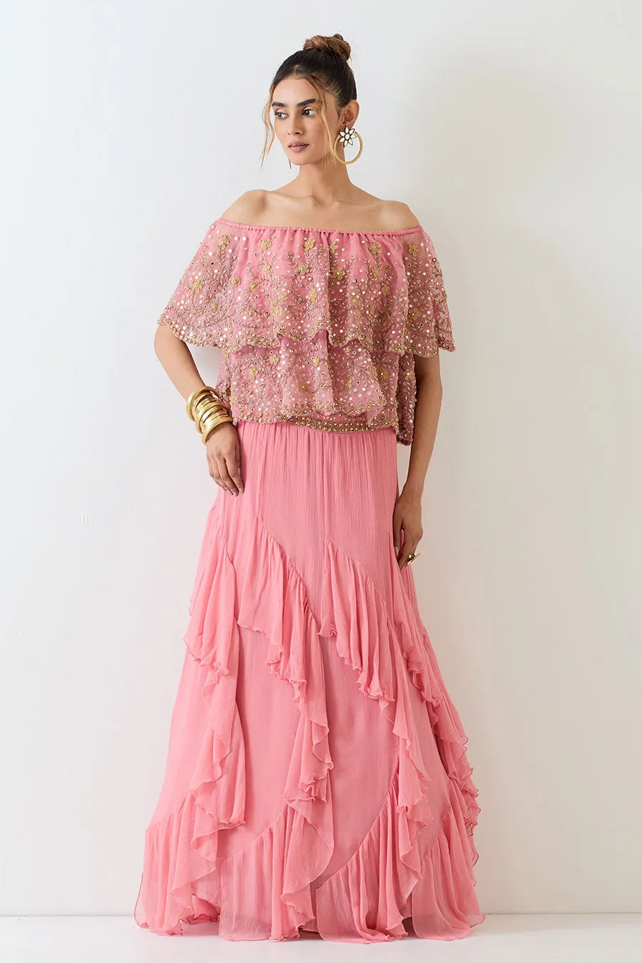 Pink Embellished Cape & Ruffle Skirt Set
